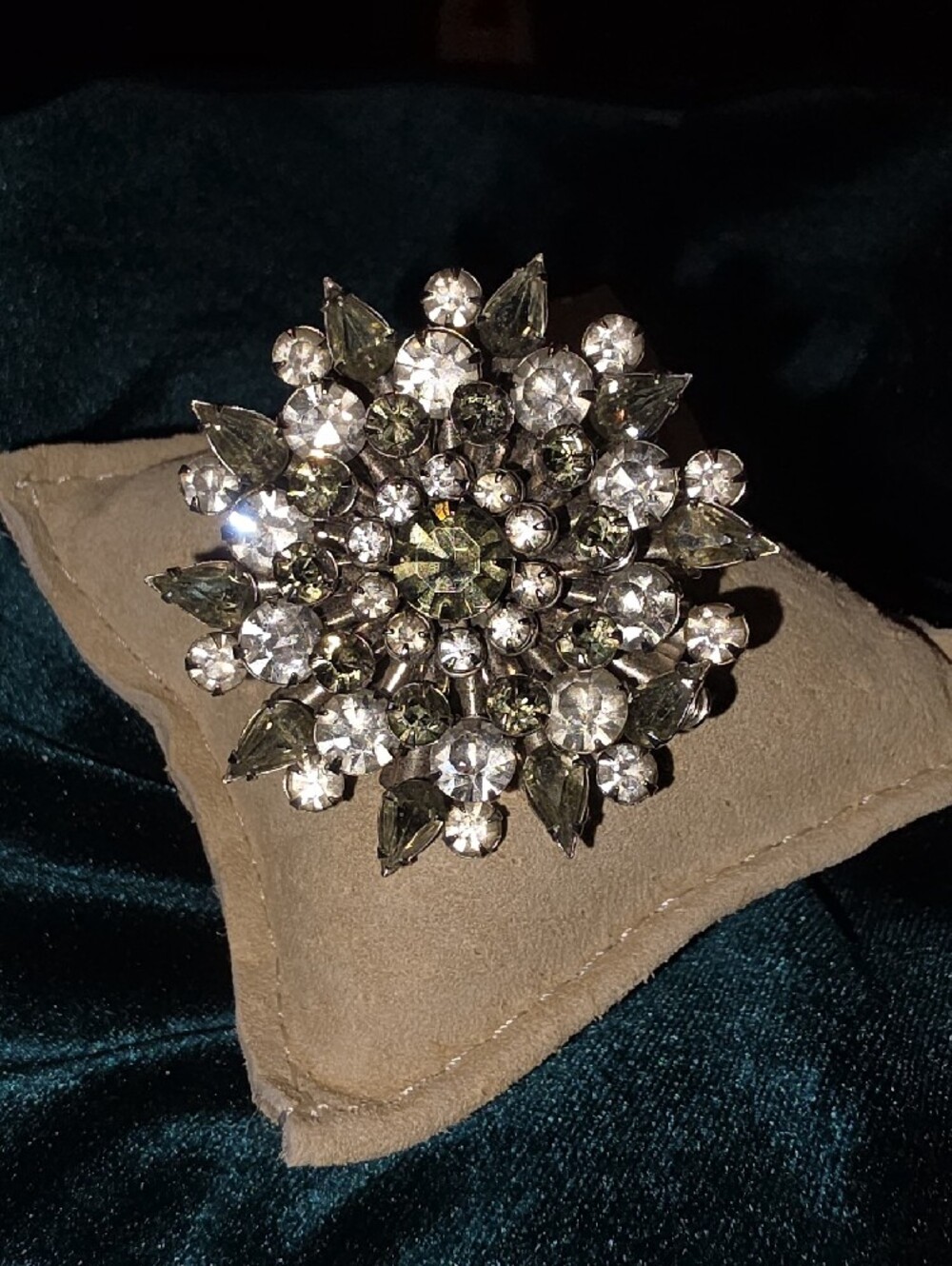 Gray and Clear Crystal Floral Brooch  Designer Vintage Costume Jewelry